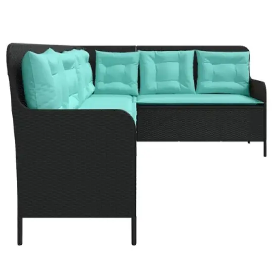 vidaXL Outdoor L-Shaped Garden Sofa - Black Poly Rattan Patio Couch with Turquoise Cushions - 87"x64.2" image {4}