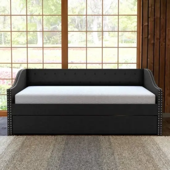 Twin Nora Tufted Linen with Nail Button Trim Upholstered Day Bed and Roll Out Trundle Frame Set - Eco Dream image {2}