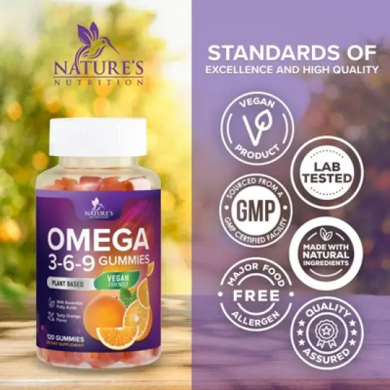 Omega 3 6 9 Vegan Gummies - Triple Strength Omega 3 Supplement Gummy - 369 Heart Support & Brain Support - 120 Gummies By Nature's Nutrition image {3}