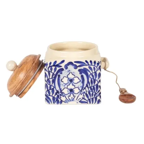 Storied Home Hand-Painted Stoneware Canister with Design, Acacia Wood Lid and Spoon, Cream, Blue and Natural image {7}
