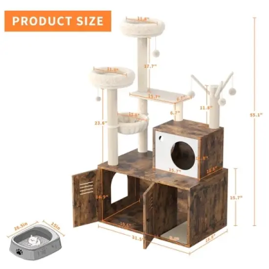 Multi-Level Cat Tree w/Hidden Litter Box - 3-in-1 Tower w/Condo, Hammock & Scratching Posts image {2}
