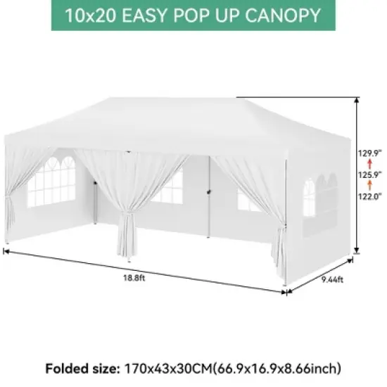 Upgraded 10x20 Pop Up Canopy Tent with 6 Removable Sidewalls, Commercial Heavy Duty Pop Up Canopy Tents 6 Sand Bags, 18 Stakes, White image {6}