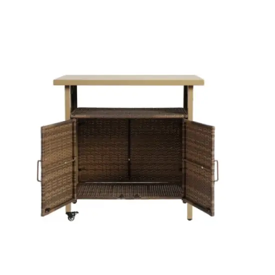 Outdoor Wicker Bar Cart, Bar Cart Outdoor With Wheels , Rolling Rattan Beverage Bar Counter Table Glass Top-Cuddlewood image {4}