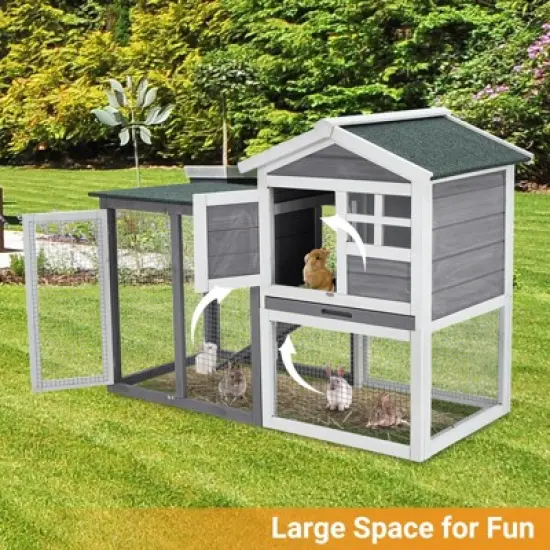 Whizmax Wooden Rabbit Hutch, Small Animal Habitat with Weather-Resistant House & Courtyard, Outdoor Bunny House with Wire Fence and Cleaning Tray image {2}