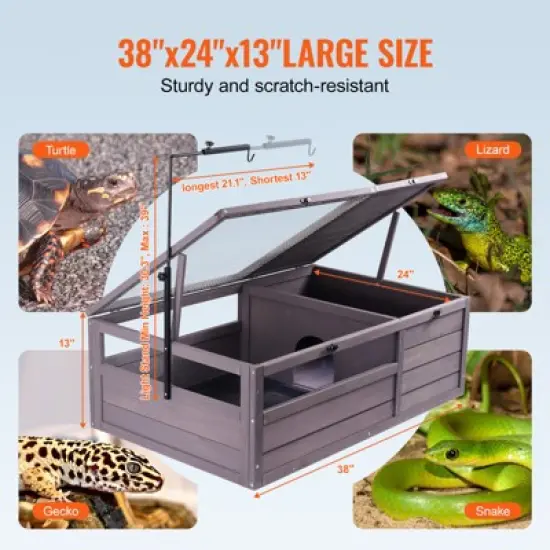 VEVOR Tortoise Habitat,Wooden Tortoise House Indoor & Outdoor, Tortoise Enclosure with Adjustable Lamp Holder,2-Room Small Animal Cage 38x24x13 inch image {6}