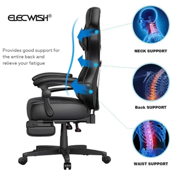 ELECWISH Gaming Chair with Footrest, Lumbar Support, Breathable Computer Chair with Pocket Spring Cushion, Chairs for Adults image {2}