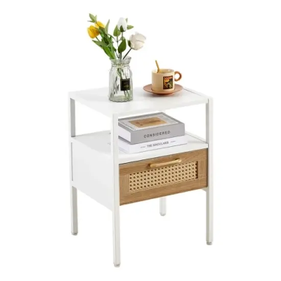 KWPZQEB Rattan Nightstands Set of 2 -Farmhouse Night Stand with Drawer and Storage Shelf - Boho Bedside Table End Side Table for Bedroom, White image {6}