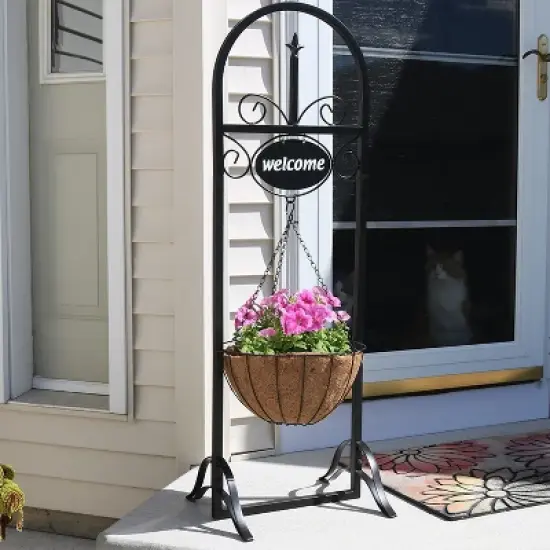 Sunnydaze Indoor/Outdoor Iron Construction Decorative Welcome Sign and Coco Grass Liner Hanging Basket Planter Stand - 48" H - Black image {1}