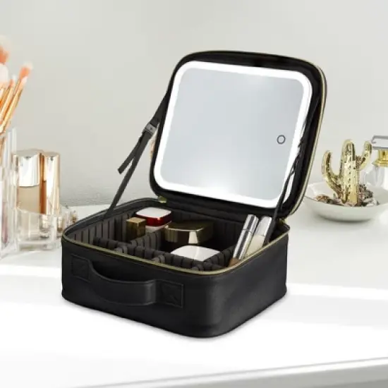 iHome Travel Makeup Bag with LED Mirror, Makeup Organizer with Lighted Mirror - Black (iCVS20) image {3}