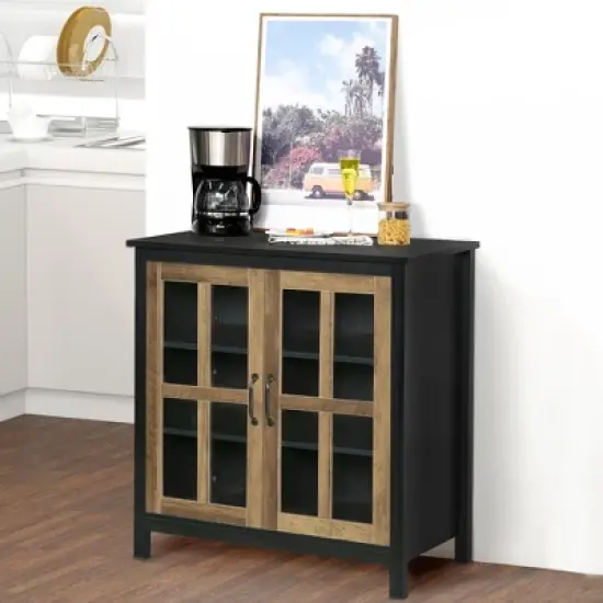 HOMCOM Kitchen Sideboard, Glass Door Buffet Cabinet, Accent Cupboard with Adjustable Storage Shelf for Living Room, Black Wood Grain image {2}