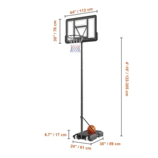 VEVOR Basketball Hoop, 4-10 ft Adjustable Height Portable Backboard System, 44 inch Basketball Hoop & Goal, Kids & Adults Basketball Set with Wheels image {8}