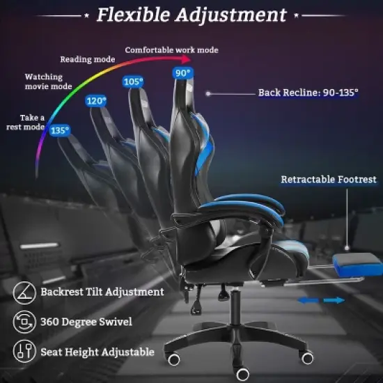 Hoffree Comfort Massage Racing Gaming Chair Ergonomic Office PC Chair with Footrest & RGB Light image {3}