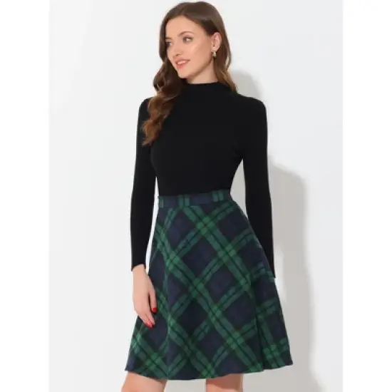 Allegra K Women's Plaids Vintage Tartan Elastic Waist Knee Length A-Line Skirt image {1}