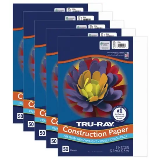 Tru-Ray Construction Paper, White, 9" x 12", 50 Sheets Per Pack, 5 Packs image {1}