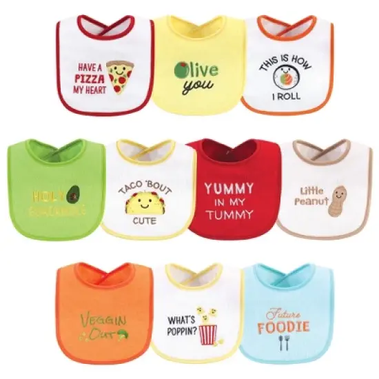 Hudson Baby Infant Cotton Terry Drooler Bibs with Fiber Filling 10pk, Neutral Pizza, One Size image {1}