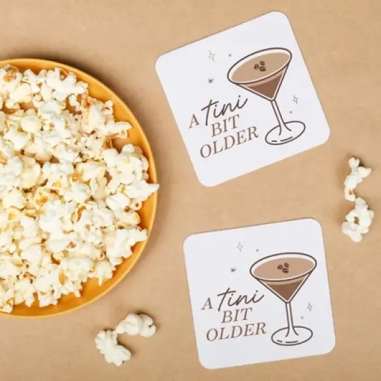Big Dot of Happiness 25 Ct Espresso A Tini Bit Older Drink Coasters, 4-Inch Disposable Square Paper Coasters for Coffee Martini Birthday Party image {2}