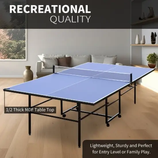 107.87"9ft Mid-Size Table Tennis Table Foldable & Portable Ping Pong Table Set for Indoor Games with Net, 2 Table Tennis Paddles,Blue image {4}