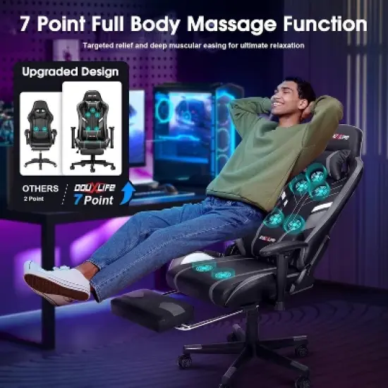 Douxlife Modern 7-Point Massage Ergonomic Gaming Chair with Footrest & Adjustable Armrests Black Gray image {4}