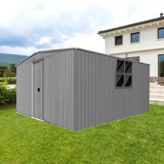 New Outdoor Storage Shed Has Two Functions:Metal Shed And Firewood Shed 14 ft x 12 ft, More Suitable For Winter , Grey image {1}