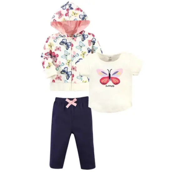 Touched by Nature Baby and Toddler Girl Organic Cotton Hoodie, Bodysuit or Tee Top, and Pant, Bright Butterflies Toddler image {4}