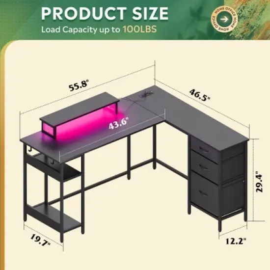 GALAXHERO 55-Inch L-Shaped Gaming Desk, Corner Computer Desk with Storage, Power Outlets & LED Lights, Office/Gaming Desk for Bedroom image {2}