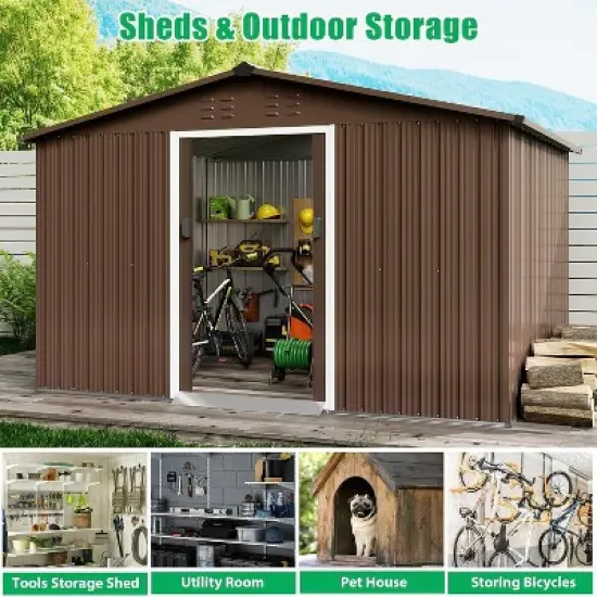Acekool 10x12 FT Metal Outdoor Storage Shed, Large Garden Tool Shed with Lockable Sliding Door, Vents, Sloped Roof, Waterproof for Backyard, Gray image {4}