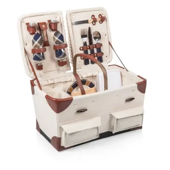 Natural Canvas Picnic Basket - Picnic Time: Wicker, Off-White, Easy-Close Fastener, Solid Pattern, 17.5" x 15" x 10" image {1}