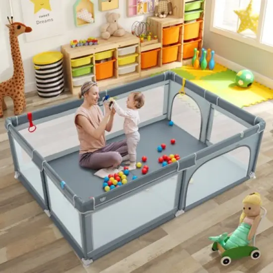 Infans Baby Playpen Extra-Large Safety Baby Fence w/ Ocean Balls & Rings Grey image {2}