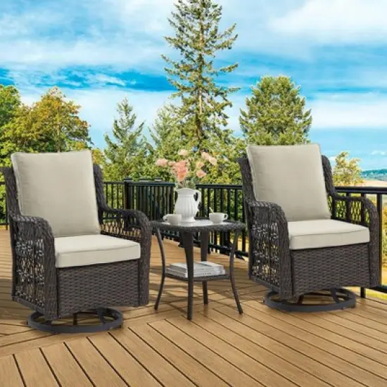 3 Pieces Patio Furniture Set,Outdoor Swivel Rocker Patio Chairs, Wicker Patio Bistro Set with Rocking Chair, Thickened Cushions and Coffee Table image {1}