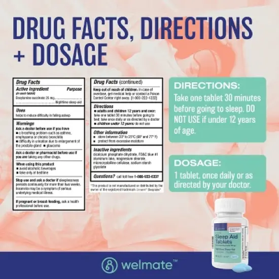 WELMATE Sleep Aid Doxylamine Succinate 25 mg Tablets - 200ct image {4}
