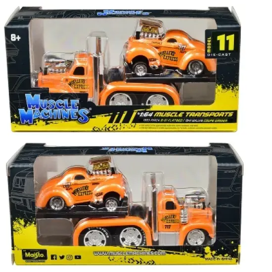1953 Mack B-61 Flatbed Truck #717 and 1941 Willys Coupe Gasser #717 Orange Met. 1/64 Diecast Model Cars by Muscle Machines image {2}