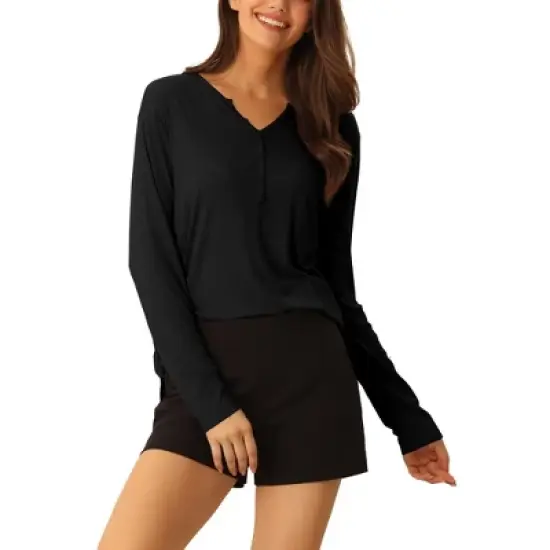 cheibear Womens Casual V Neck Ribbed Pullover Long Sleeve Sleepwear Tops image {8}