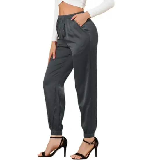 Allegra K Women's Drawstring Elastic Waist Athleisure Pants Ankle Length Satin Joggers with Pocket image {19}