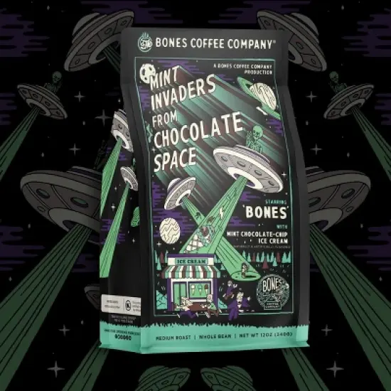 Bones Coffee Company Mint Invaders Whole Coffee Beans Mint Chocolate Flavor 12 oz Medium Roast (Whole Bean) image {2}