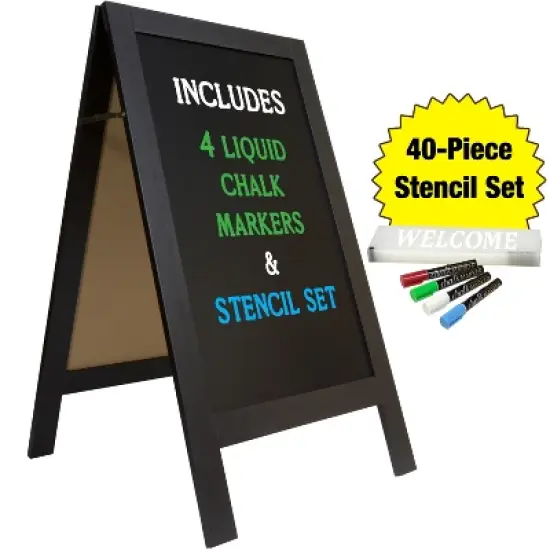 Excello Global Products 40" x 20" Wooden A-Frame Chalkboard w Stencil Set/Sidewalk Chalkboard Sign Sandwich Board/Chalk Board Standing Sign (Black) image {8}