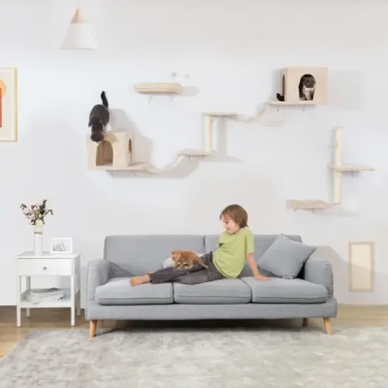 DOMETOUR Wall-mounted Cat Tree with 2 Cat Condos House, 3 Cat Wall Shelves, 2 Ladder, 1 Cat Perch, Sisal Cat Scratching Posts and Pad image {13}