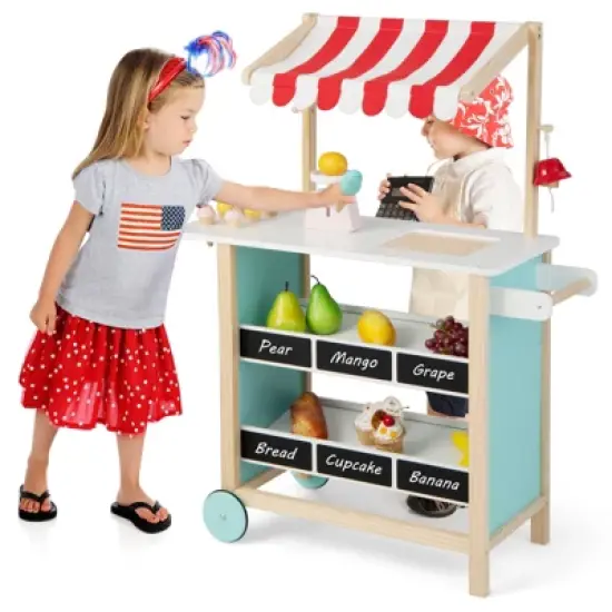 Costway Kids Ice Cream Cart Wooden Toddler Farmers Market Stand W/ Chalkboard & Storage image {9}