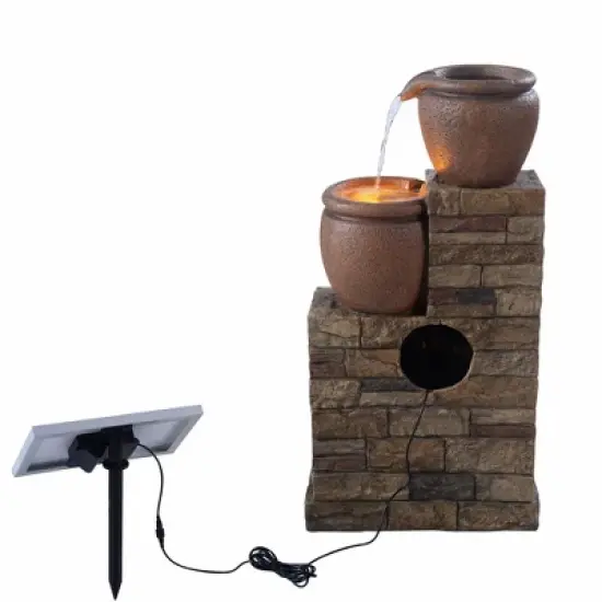 Teamson Home 30.71" 4-Tier Cascading Bowl Solar Powered Polyresin Waterfall Fountain: Outdoor LED, Faux Brick Design image {6}