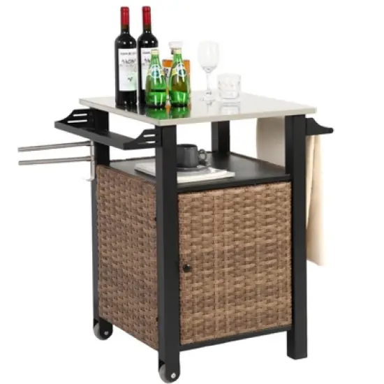 Outdoor Kitchen Wicker Island Rolling Cart & Storage Cabinet, Wheels and Stainless Steel Extended Table Top Brown image {3}