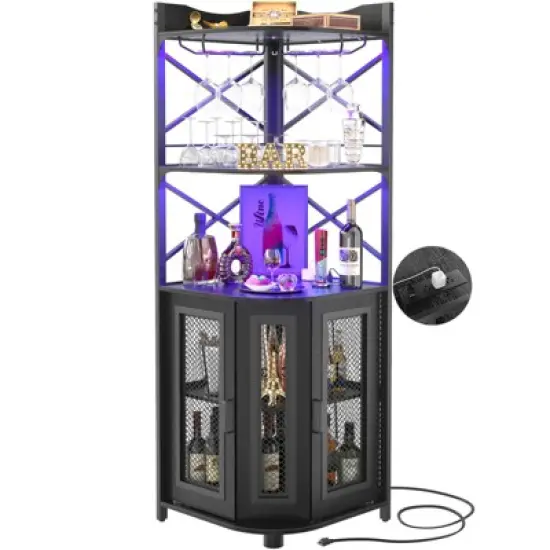 Aheaplus Corner Wine Cabinet with LED Strip and Glass Holder image {5}
