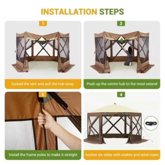 Camping Gazebo Tent, Pop Up Canopy Screen Tent 6 Sided with Mesh Windows and Carry Bag for Camping,Patio, Backyard, Lawn image {5}