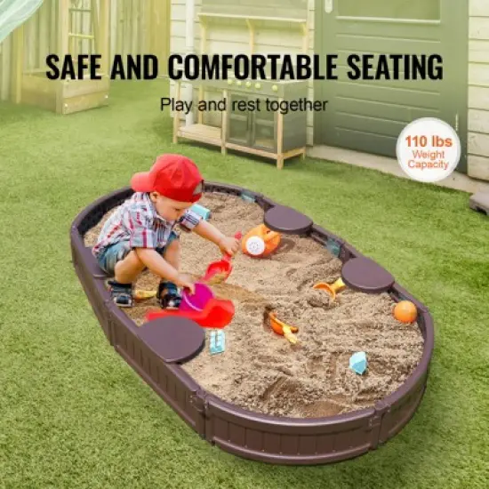 VEVOR Sandbox with Cover, 72 x 41.5 x 9.1 in Oval Sand Box, HDPE Sand Pit with 4 Corner Seating and Bottom Liner, for Boys Girls Ages 3-12, Brown image {3}