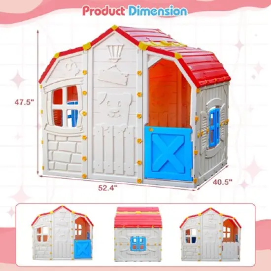 Costway Kids Playhouse Realistic Cottage Playhouse with Openable Windows & Working Door image {7}