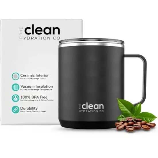 The Clean Hydration Co Insulated Coffee Travel Mug with Ceramic Liner and Lid, Black image {5}