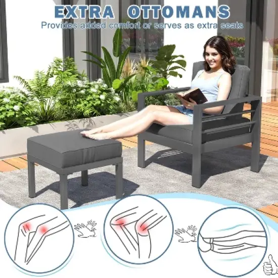 COWLOWN 7 Piece Black Aluminum Modern Outdoor Patio Furniture Set with Coffee Table and Dark Grey Cushions, Ideal for Balcony, Porch, Lawn and Yard image {2}