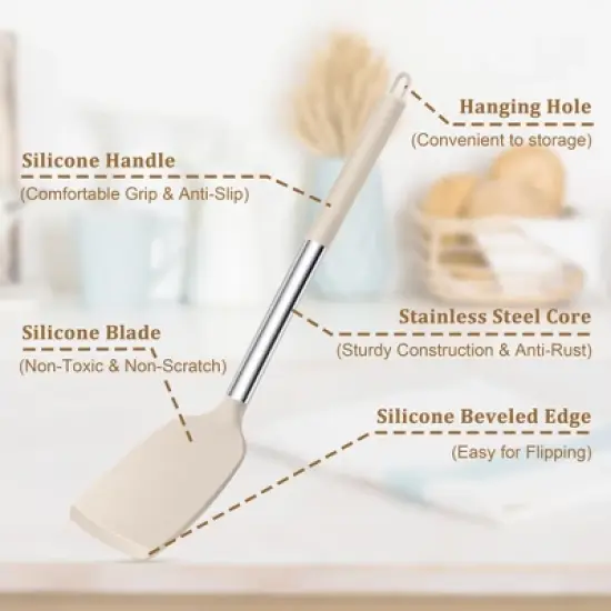 Itopfox 5-Piece Silicone Kitchen Utensil Set with Stainless Steel Handles for Nonstick Cookware, Heat-Resistant & Easy to Clean, Khaki image {2}