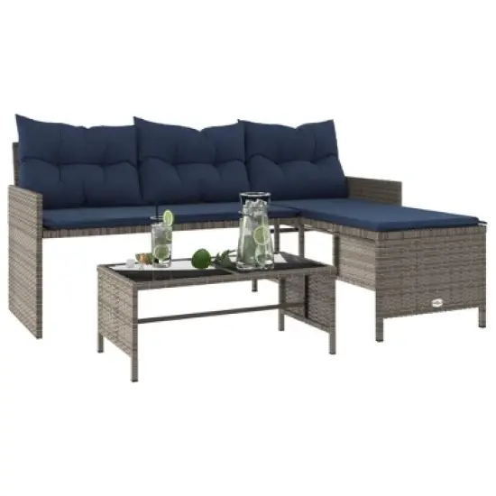 vidaXL 3-Seater L-Shaped Patio Sofa Set with Table - Gray Poly Rattan, Navy Cushions, Powder-Coated Steel Frame & Glass Top image {3}