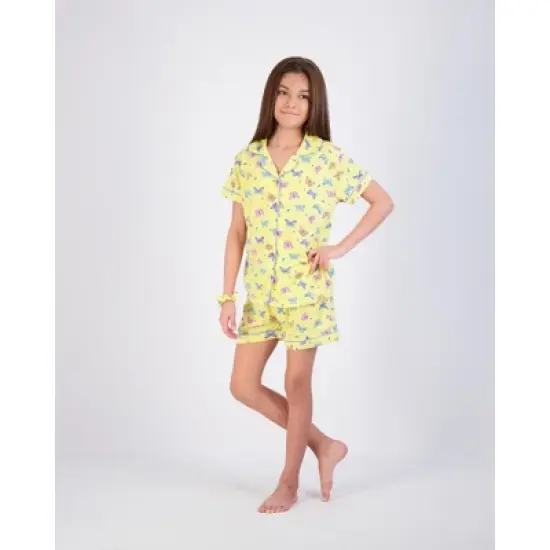 Sleep On It 2-Piece Girl's Pajama Shorts Set Featuring Multicolored Butterflies with Matching Scrunchie - Yellow Girls Sleepwear Set image {9}