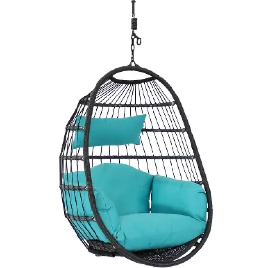 Sunnydaze Outdoor Resin Wicker Patio Penelope Hanging Basket Egg Chair Swing with Cushions and Headrest - 2pc image {7}