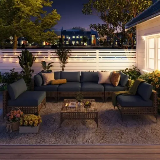 Cesicia 7-Piece Gray Sofa Set, Garden Patio Wicker Sectional Sofa Set with Coffee Table for Backyard, Balcony image {6}